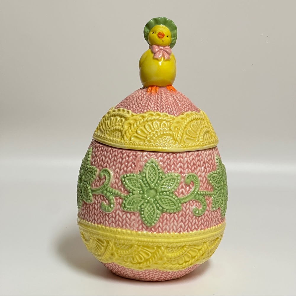 Retro Ceramic Easter Egg Jar Chick Finial Pink Yellow Green Knitted Texture